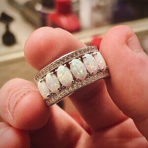 Neiman Marcus 18k White Gold Oval-Cut Created White Opal & Cubic Zirconia Ring